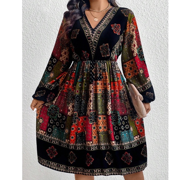 Plus Boho Multicolor Print V neck long sleeve Dress - Picture 5 of 5